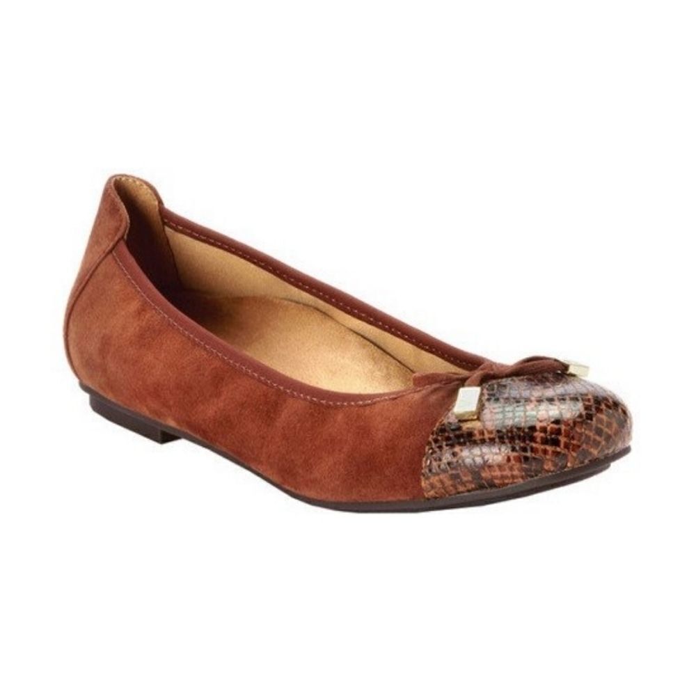 Vionic Spark Minna Brown Suede Leather Snakeskin Cap Toe‎ Bow Ballet Flat 7.5